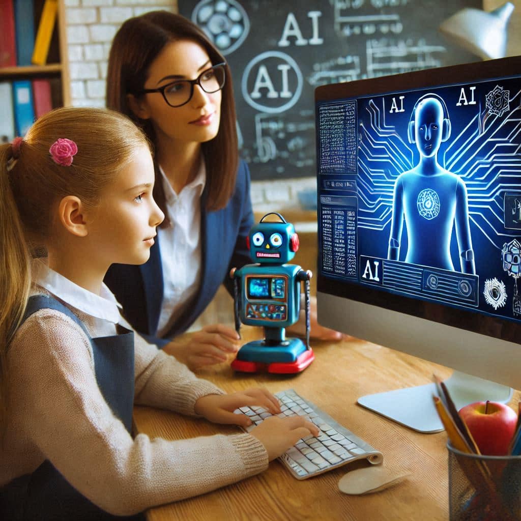 AI generated image of a teacher helping student use AI.
Image credit: Emily Londono via AI Microsoft Bing Image Creator